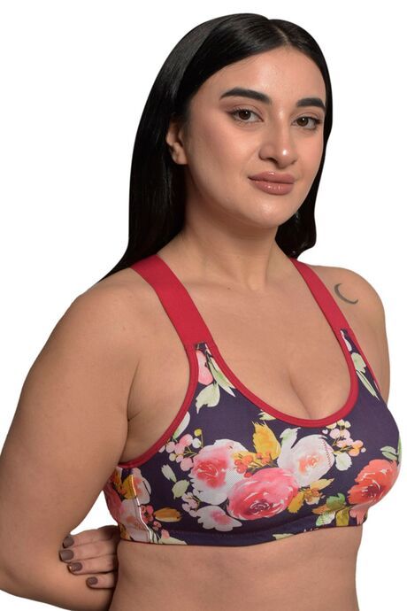 Inner Sense Organic Cotton Bamboo Plus Size Sports Bra - Purple Floral Print — image 3